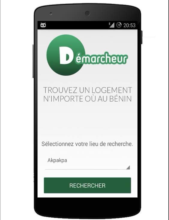 Capture d'écran de Démarcheur, une application qui permet de trouver des maisons à louer partout au Bénin